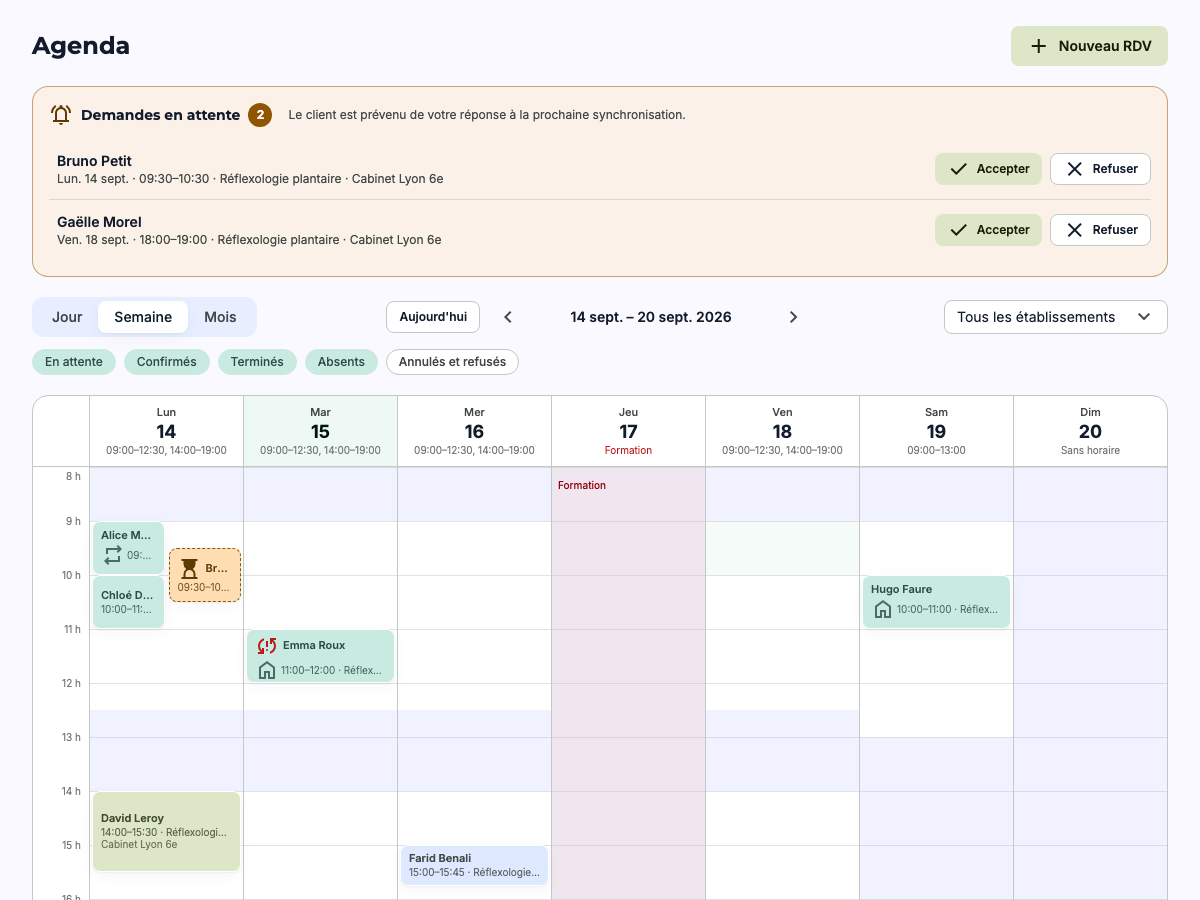 Weekly agenda with pending appointment requests